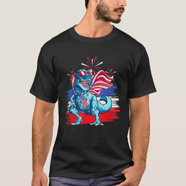 Camiseta Dinosaur American Flag Patriotic Rex  4th of July (Frente)