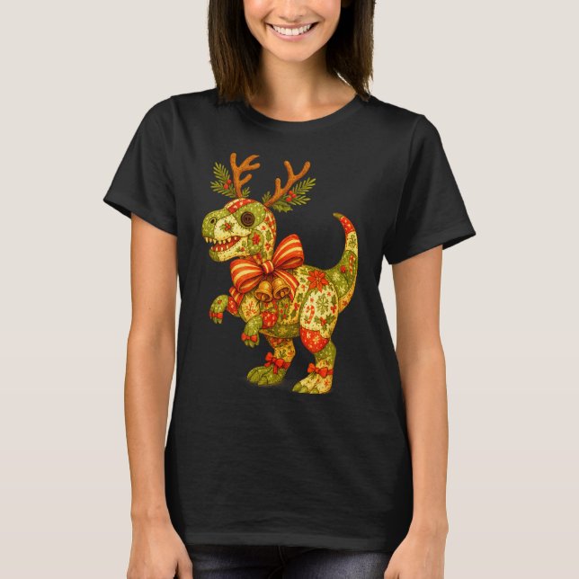 Camiseta Dinosaur Christmas Season Patchwork T-rex Squad Fa (Frente)