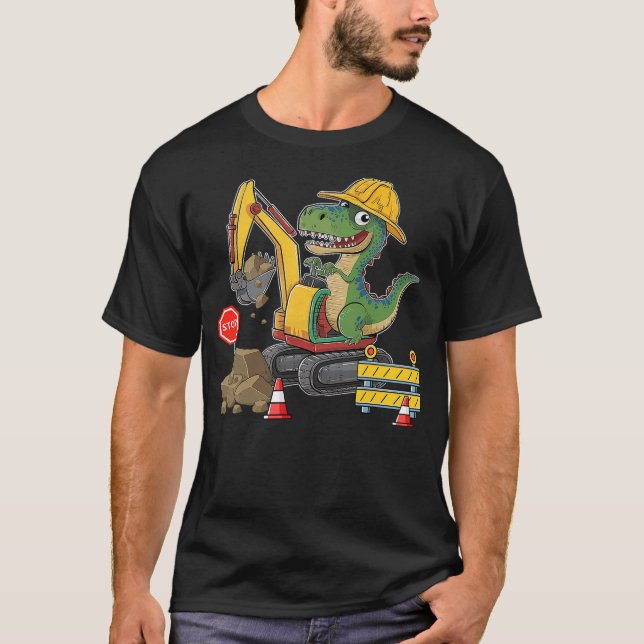 Camiseta Dinosaur Construction Worker Excavator Truck Kids  (Frente)