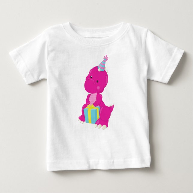 Camiseta Dinosaur de Aniversário, Dinossauro Rosa, Chapéu d (Frente)
