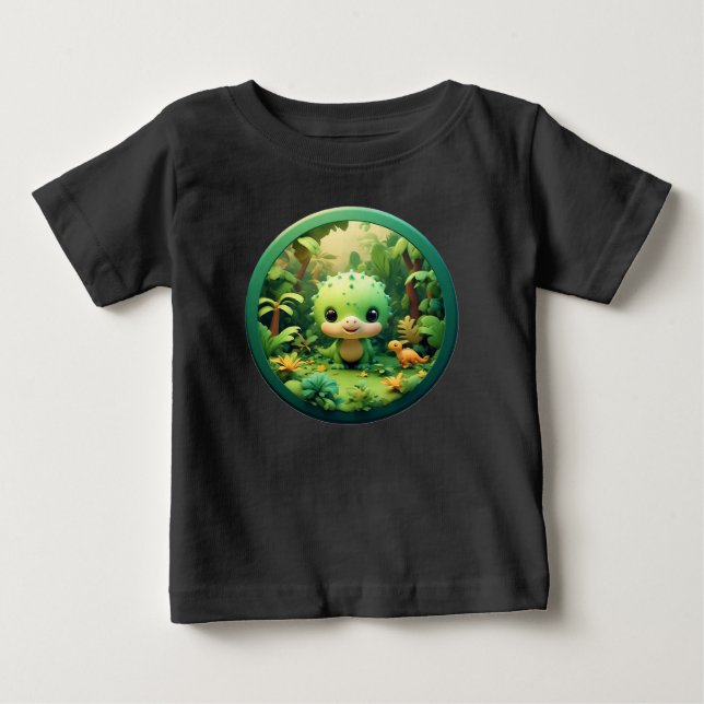 Camiseta Dinosaur de Desenho Animado Fofo na Floresta de Ba (Frente)