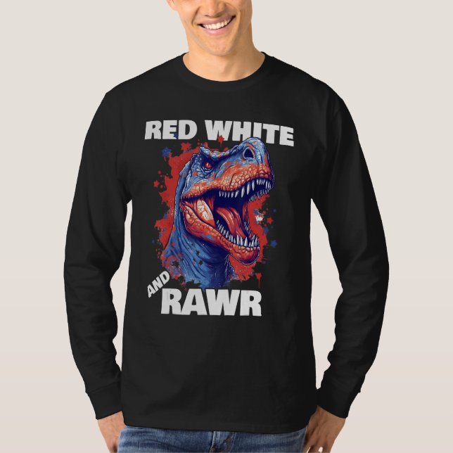 Camiseta Dinosaur Red White Rawr American Flag 4th of July  (Frente)