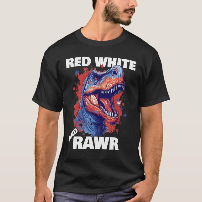 Camiseta Dinosaur Red White Rawr American Flag 4th of July  (Frente)