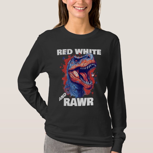 Camiseta Dinosaur Red White Rawr American Flag 4th of July  (Frente)