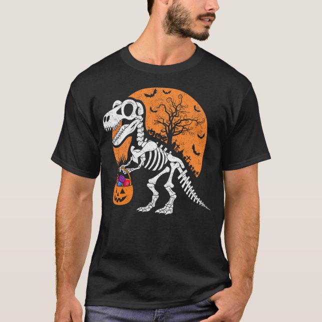 Camiseta Dinosaur T rex Skeleton Halloween Pumpkin Boys Kid (Frente)