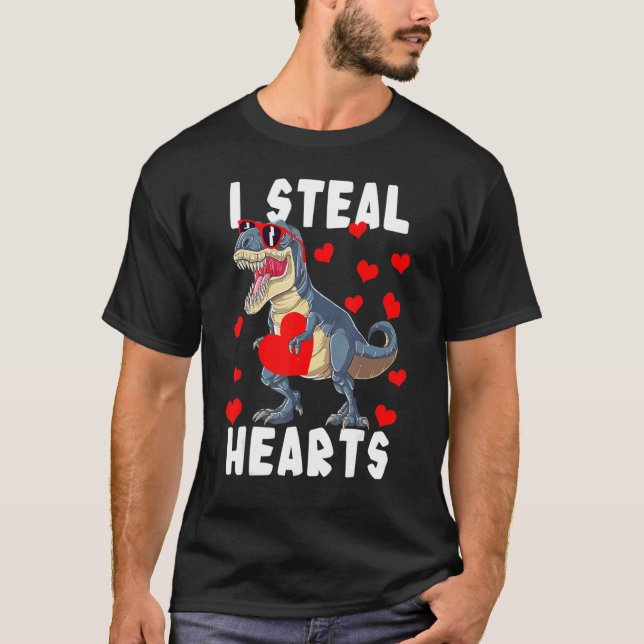 Camiseta Dinosaur Valentines Day I Steal Hearts Rex Love (Frente)