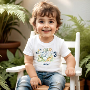 Camiseta Dinossaur Boy Blue Green Name aniversário de 3 ano