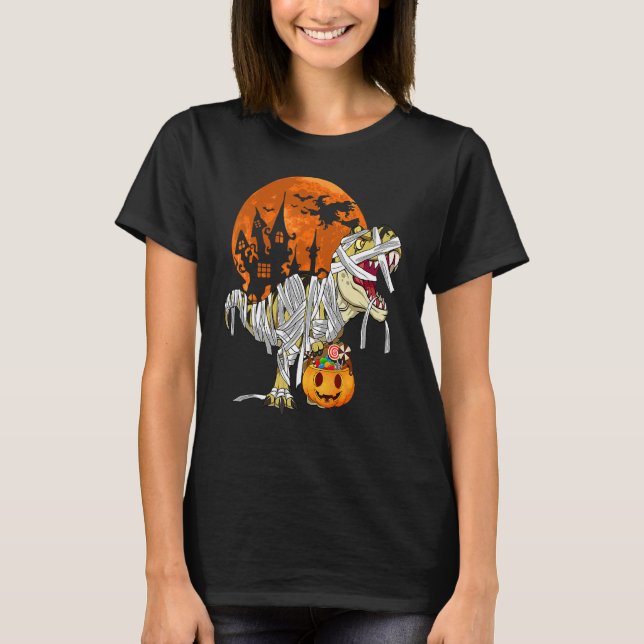Camiseta Dinossaur Rex Mummy Pumpkin Halloween Figurume Par (Frente)