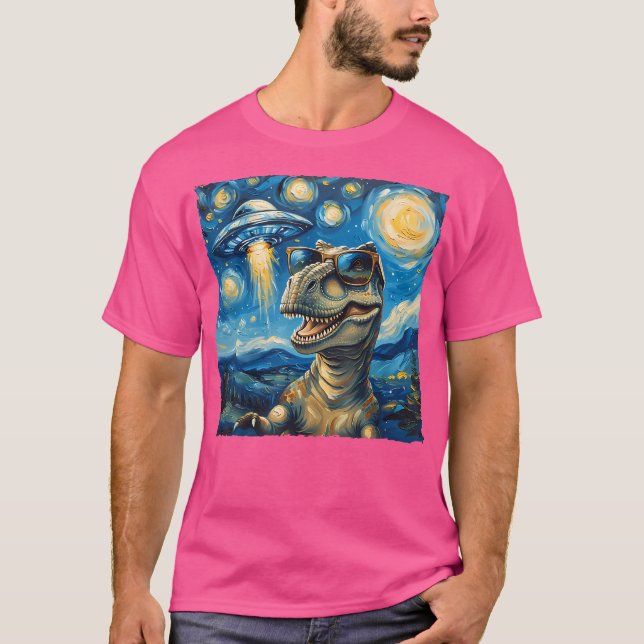 Camiseta Dinossaur Selfie Van Gogh Estilo Starry Night Alie (Frente)