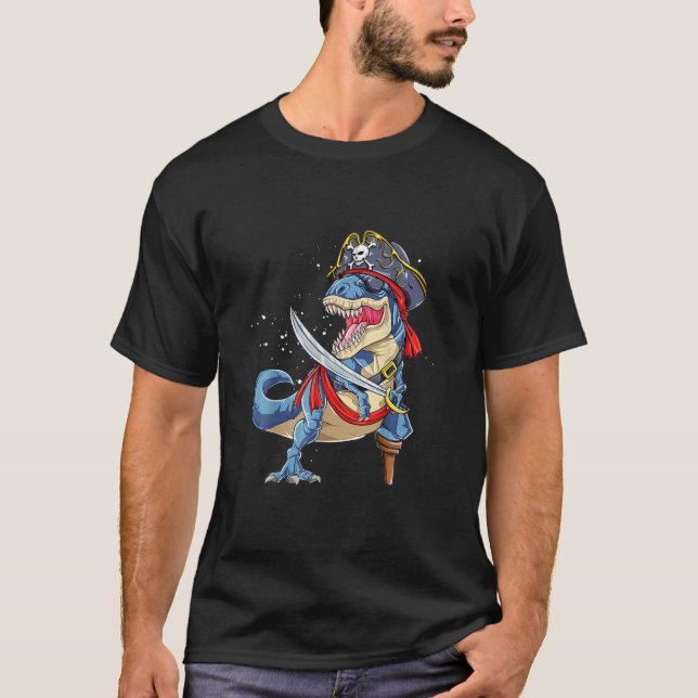 Camiseta Dinossaur T Rex Pirate Jolly Roger Halloween (Frente)