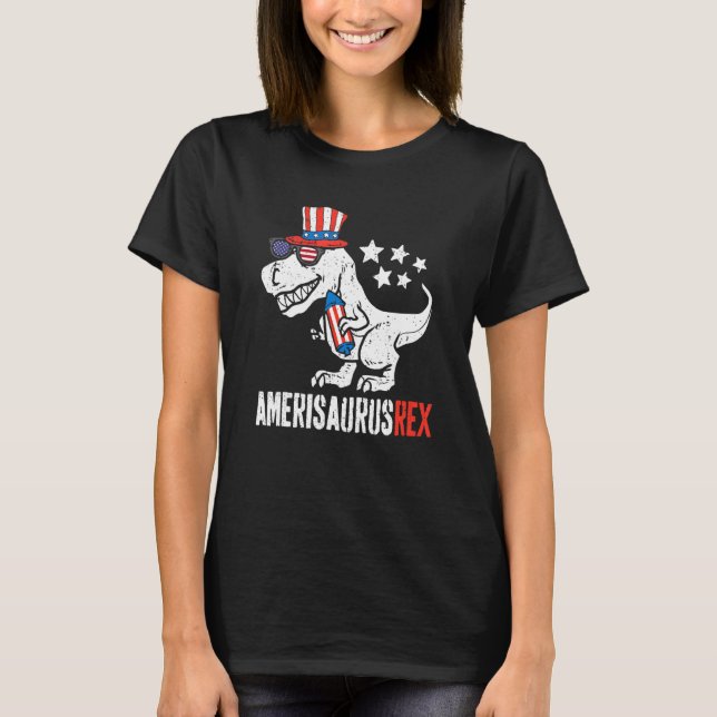 Camiseta Dinossauro 4º De Julho Meninos Homens Amerisauro R (Frente)