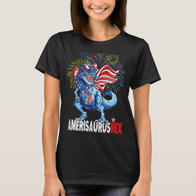 Camiseta Dinossauro 4 De Julho Meninos Homens Amerisauro Re (Frente)