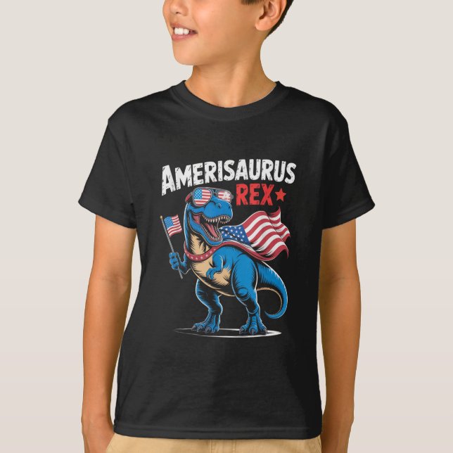 Camiseta Dinossauro 4 de Julho Meninos Meninas Homens Ameri (Frente)
