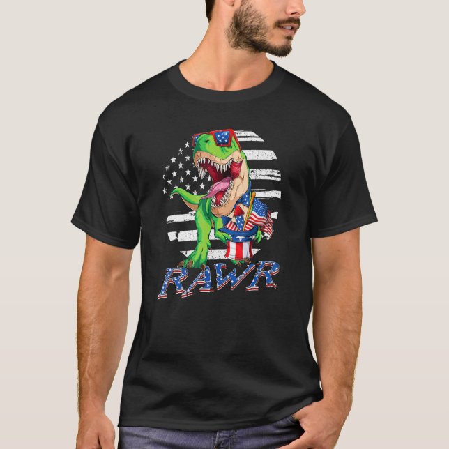 Camiseta Dinossauro 4 De Julho Meninos T Rex American Flag  (Frente)