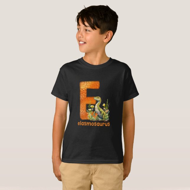 Camiseta Dinossauro Alfabeto E tipo Elasmosaurus (Frente Completa)