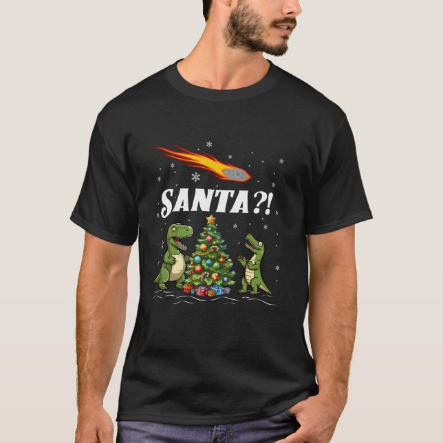 Camiseta Dinossauro Assistindo Asteroide Santa Hat Engraçad (Frente)