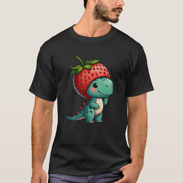 Camiseta Dinossauro bonito, morango T-Rex com aquele esquel (Frente)