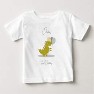 Camiseta Dinossauro Cinza Verde Amarelo Primeiro Aniversári