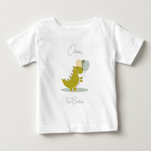 Camiseta Dinossauro Cinza Verde Amarelo Primeiro Aniversári (Frente)