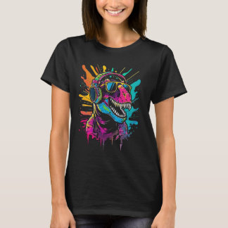 Camiseta dinossauro colorido DJ com Fones de ouvido e óculo