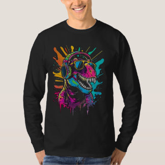 Camiseta dinossauro colorido DJ com Fones de ouvido e óculo