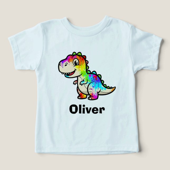 Camiseta Dinossauro com Tinta Colorida Espalhada (Design frontal)