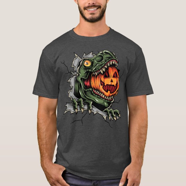 Camiseta Dinossauro Comendo Jack-o-lanterno (Frente)