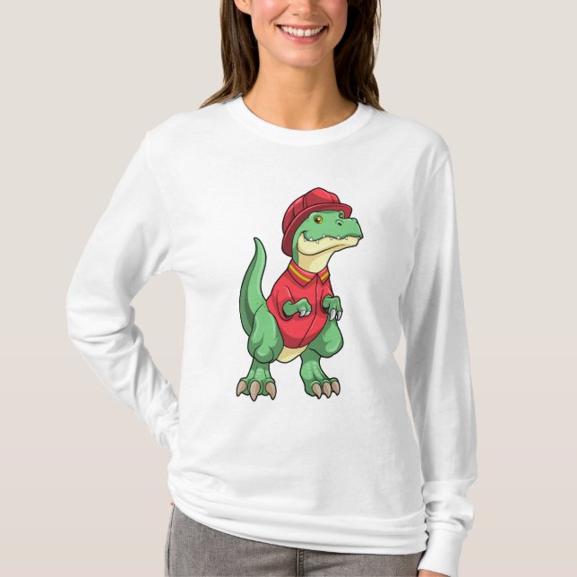 Camiseta Dinossauro como Bombeiro com capacete de bombeiro (Frente)