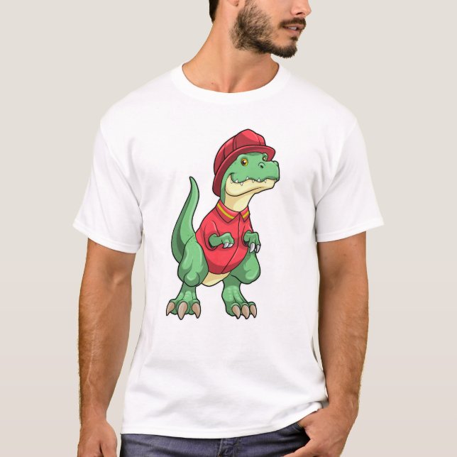 Camiseta Dinossauro como Bombeiro com capacete de Fogo (Frente)
