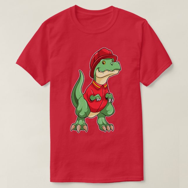 Camiseta Dinossauro como Bombeiro com capacete de Fogo (Frente do Design)