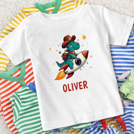 Camiseta Dinossauro Cowboy Fofo Andando de Foguete Espacial