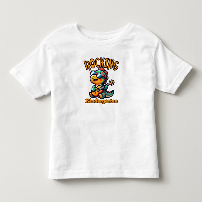 Camiseta Dinossauro da Pré-Escola Tocando Violão  (Frente)