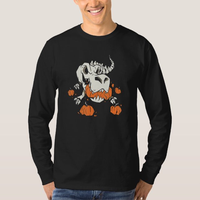 Camiseta Dinossauro de Abóbora Esqueleto de Halloween (Frente)