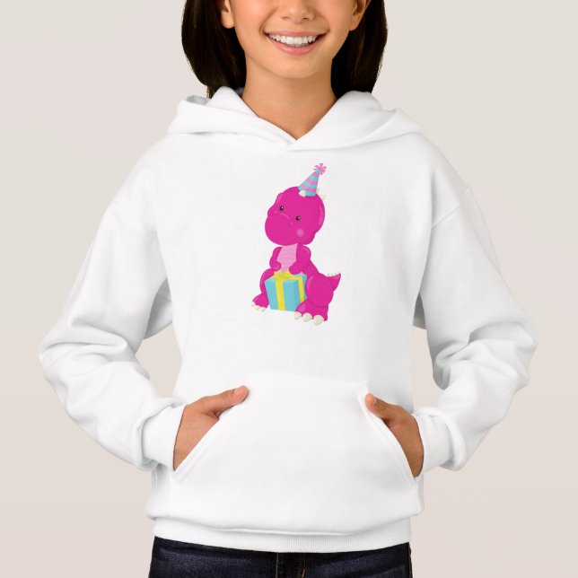 Camiseta Dinossauro de Aniversário, Dinossauro Rosa, Chapéu (Frente)