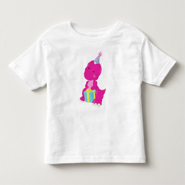 Camiseta Dinossauro de Aniversário, Dinossauro Rosa, Chapéu (Frente)
