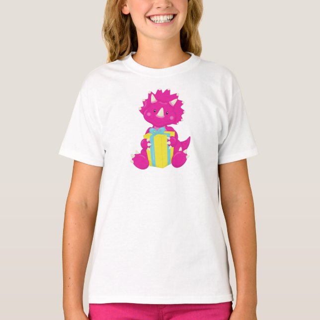 Camiseta Dinossauro de Aniversário, Dinossauro Rosa, Dinoss (Frente)