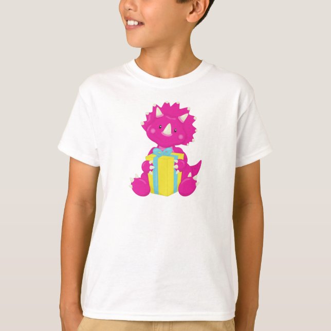 Camiseta Dinossauro de Aniversário, Dinossauro Rosa, Dinoss (Frente)