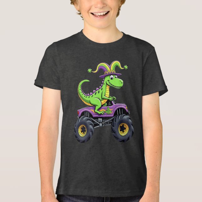 Camiseta Dinossauro de Caminhão Monstro do Mardi Gras (Frente)