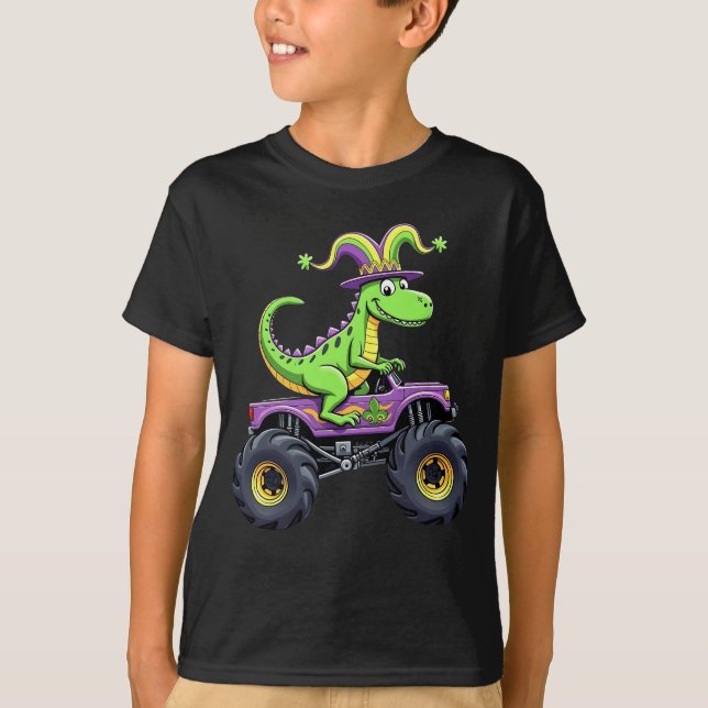 Camiseta Dinossauro de Caminhão Monstro do Mardi Gras (Frente)