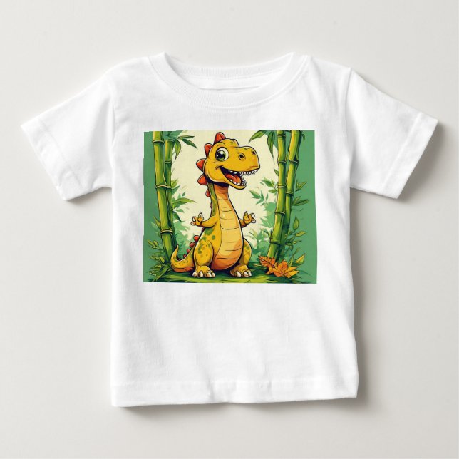 Camiseta Dinossauro de Cartoon Adorável na Selva Verde Lush (Frente)
