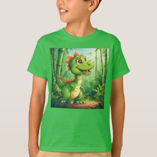 Camiseta Dinossauro de Cartoon Adorável na Selva Verde Lush