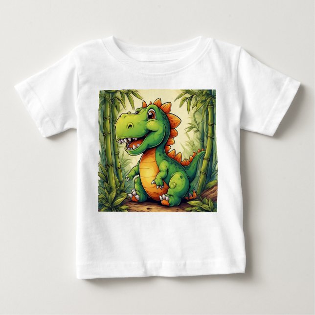 Camiseta Dinossauro de Cartoon Adorável na Selva Verde Lush (Frente)