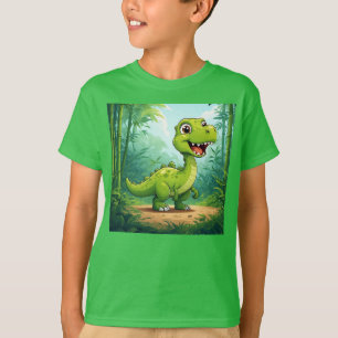 Camiseta Dinossauro de Desenho Adorável na Selva Verde Luxu