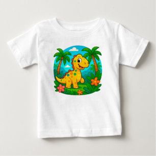 Camiseta Dinossauro de Desenho Animado em uma Cena Tropical