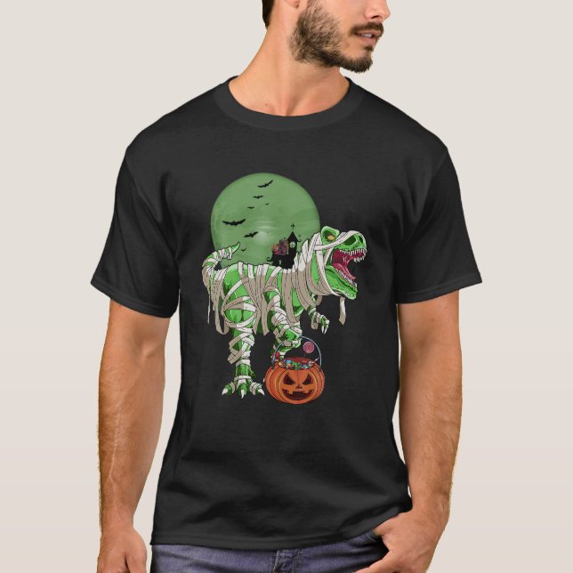 Camiseta Dinossauro De Gato De Halloween T Rex Mummy Pumpki (Frente)