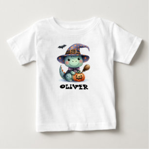 Camiseta Dinossauro de Halloween Fofo Vestindo um Chapéu de