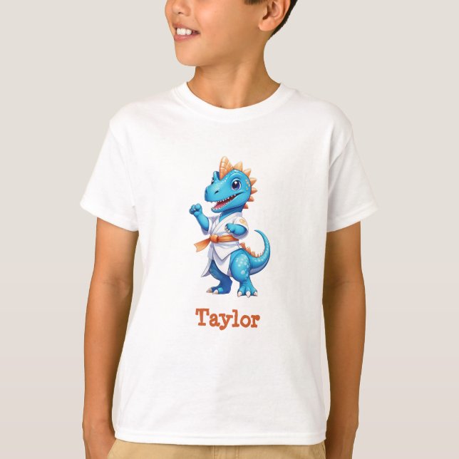 Camiseta Dinossauro de karato azul-bonito (Frente)