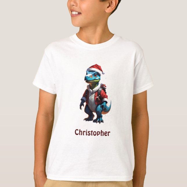 Camiseta Dinossauro de Natal Azul (Frente)