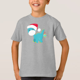Camiseta Dinossauro de Natal, Santa Hat, Dino, Brontossauro