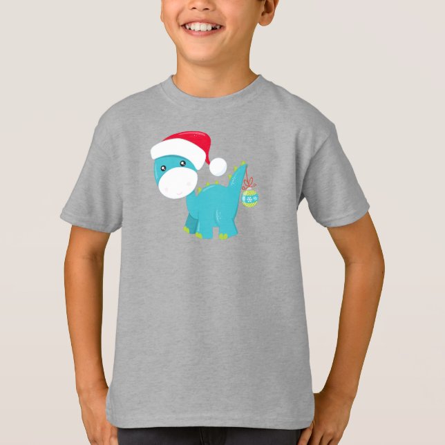 Camiseta Dinossauro de Natal, Santa Hat, Dino, Brontossauro (Frente)